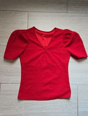 Women's Red Puff-Sleeve V-Neck Top